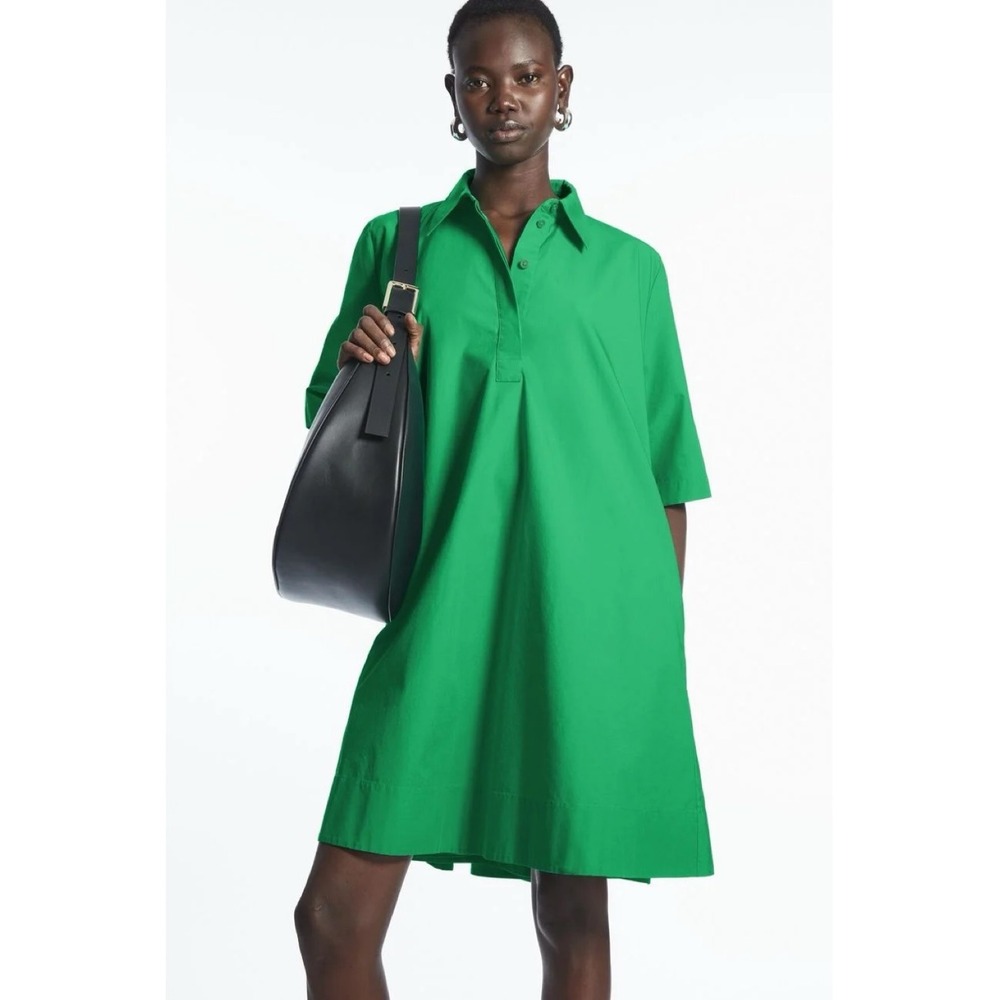 COS Oversized Kelly‎ Green Cotton Shirt Dress Minimalist Scandinavian Swing US 2